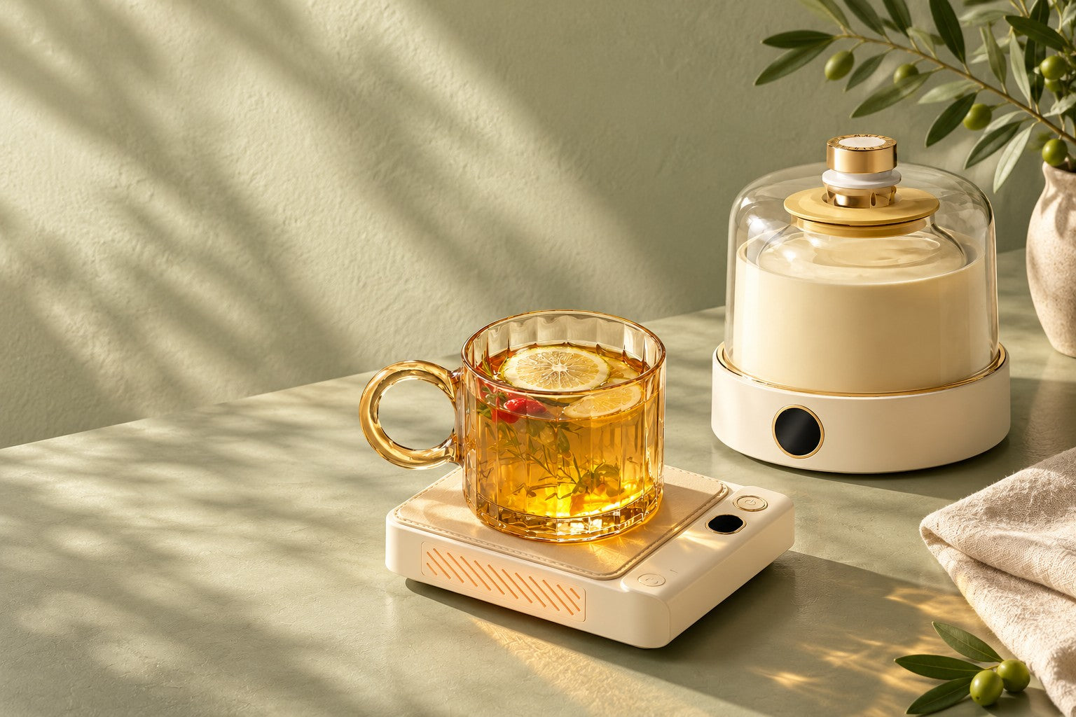 Cream yogurt maker and mug warmer on a sunlit sage countertop